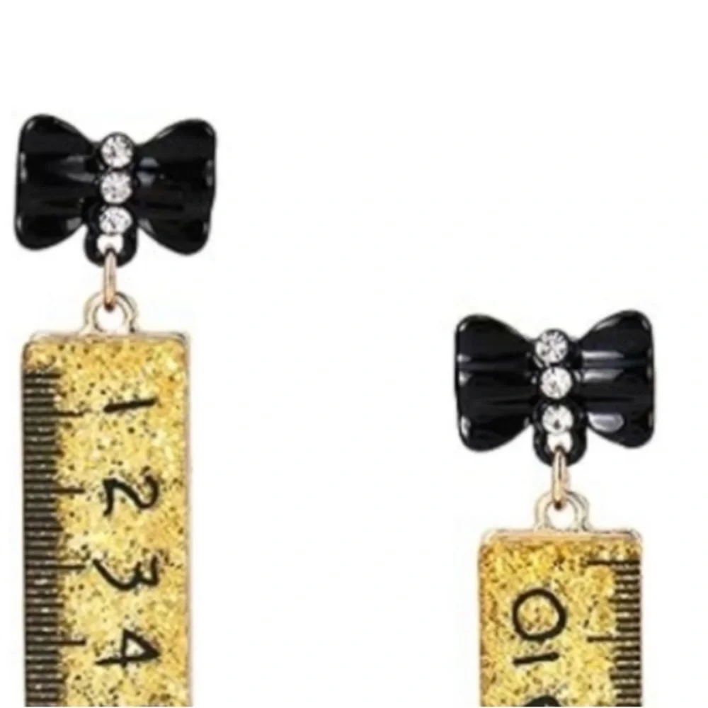Betsey Johnson Gold Glitter Rulers with Black Bows Earrings